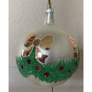 Vintage JUMBO Poland Glass Ornament Hand Painted Wreath With Bows 4.5x6